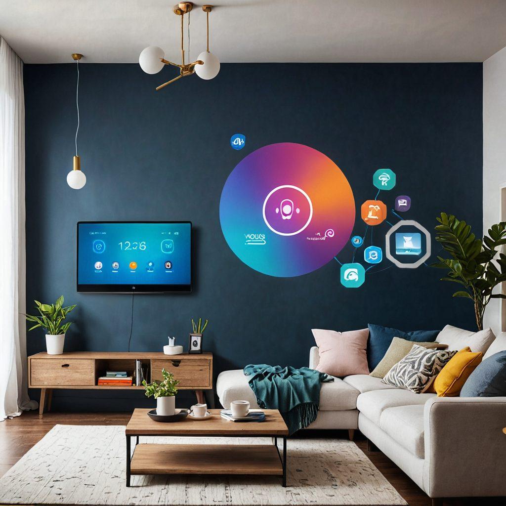 A modern, cozy living room with multiple devices connected to a robust Wi-Fi router, radiating colorful signals symbolizing connectivity. Include a happy family gathered, enjoying seamless internet access on various gadgets like tablets and laptops. Add elements of technology, like a digital dashboard showing network performance. Bright, warm lighting enhances the joyful atmosphere. super-realistic. vibrant colors. cozy ambiance.
