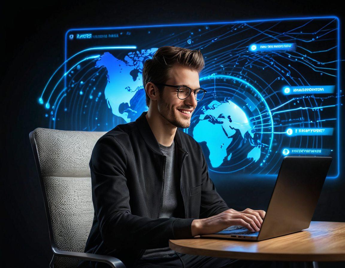 A dynamic scene showcasing a person joyfully using a fast internet connection, surrounded by glowing data streams and digital icons representing speed and connectivity. Include elements like a modern router with DD-WRT setup, a speedometer indicating high speed, and a satisfied expression on the user's face. The background should blend vibrant colors illustrating a high-tech environment and connectivity. super-realistic. vibrant colors.