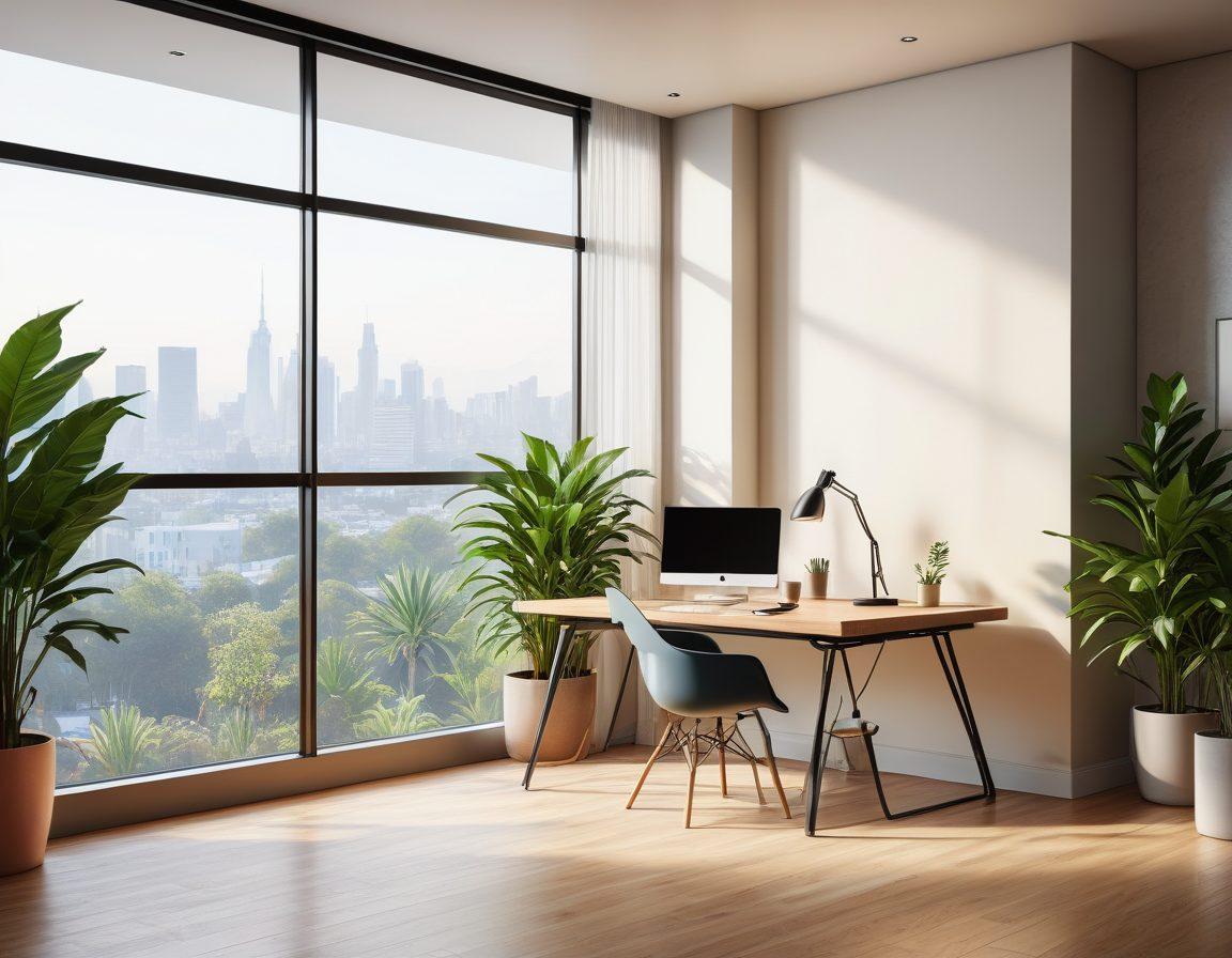 A serene home office scene showcasing a modern workspace with a high-tech router in the foreground and a glowing digital network map in the background. A peaceful light filters through a window, illuminating a lush indoor plant, symbolizing growth and connectivity. Subtle representations of security features such as locks and shields integrated into the design, conveying safety and optimization. The overall atmosphere exudes bliss and productivity. super-realistic. vibrant colors. cozy atmosphere.